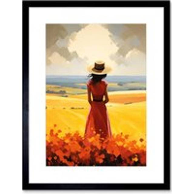Wall Art Print Golden Countryside by the Sea Oil Painting Woman Looking over Horizon in Coastal Farmland Landscape Artwork Framed 9X7 Inch - Black - W - W7 inch x H9 inch