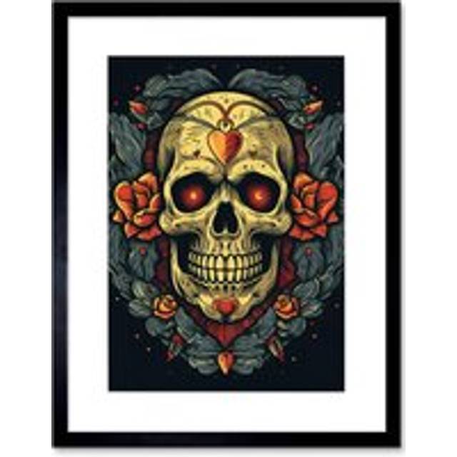 Wall Art Print Skull Roses and Heart Tattoo Ink Body Art Rockabilly Americana 50s Artwork Framed 9X7 Inch - Black - W7 inch x H9 inch