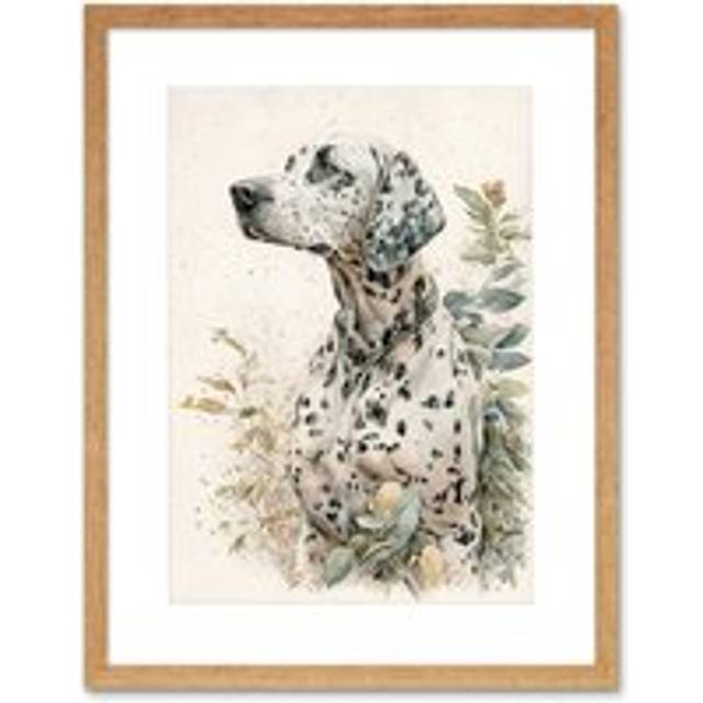 Wall Art Print Dalmatian Dog in Field Soft Watercolour Pencil Portrait Artwork Framed 9X7 Inch - Beige - W7 inch x H9 inch