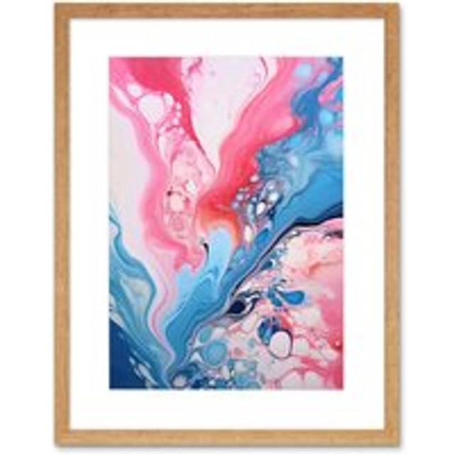 Wall Art Print Fluid Paint Acrylic Pouring Abstract Artwork Pink Blue Flowing Colours Artwork Framed 9X7 Inch - Beige - W7 inch x H9 inch