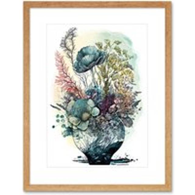 Wall Art Print Spring Wildflowers Growing in a Glass Flower Pot Artwork Framed 9X7 Inch - Beige - W7 inch x H9 inch