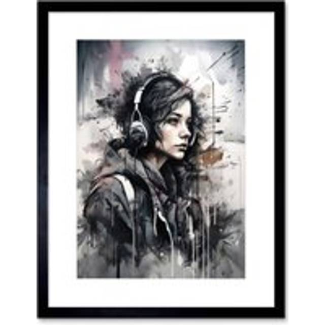 Wall Art Print Teenager Girl in Black Hoodie Listening to Music through Headphones Modern Watercolour Painting Artwork Framed 9X7 Inch - W7 inch x H9 - W7 inch x H9 inch