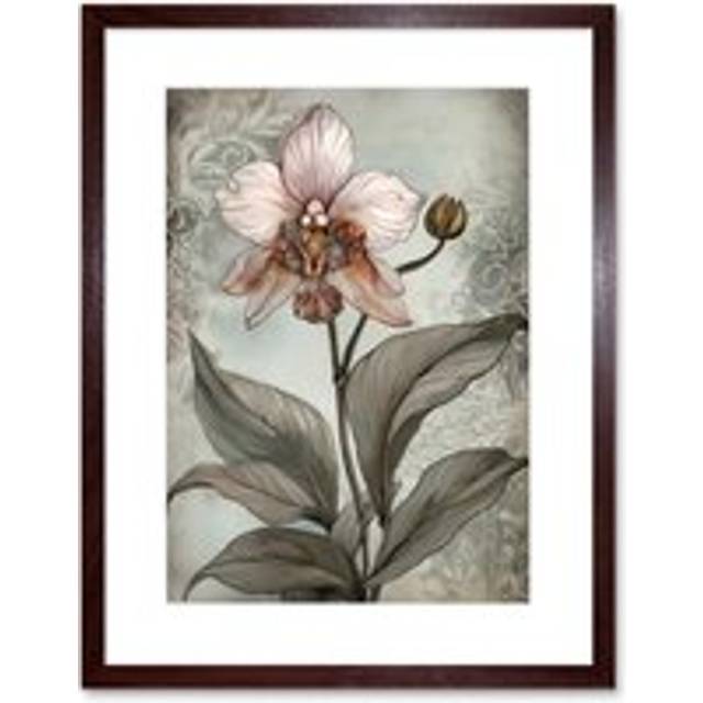 Wall Art Print Art Nouveau Pink Orchid Bloom Flower Watercolour Artwork Framed 9X7 Inch - Brown - W7 inch x H9 inch