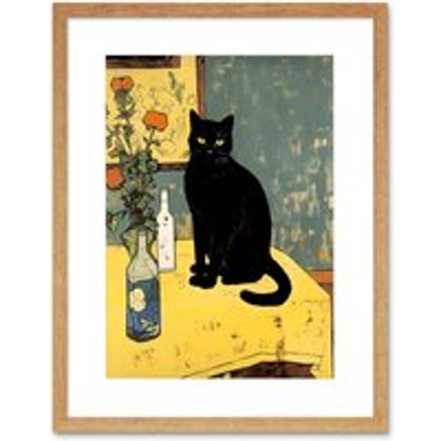 Wall Art Print Simple Black Cat on Yellow Table Oil Painting Van Gogh Style Flowers Artwork Framed 9X7 Inch - Beige - W7 inch x H9 inch