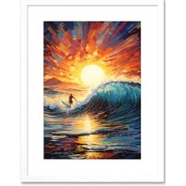 Wall Art Print Sunset Surf Waves Surfing Artwork Vibrant Blue Purple Orange Setting Sun Behind Surfer in Wavy Seascape Artwork Framed 9X7 Inch - White - W7 inch x H9 inch