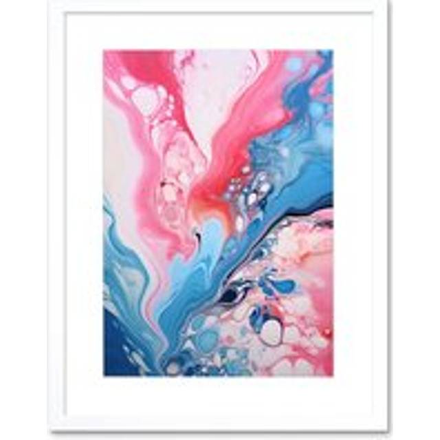 Wall Art Print Fluid Paint Acrylic Pouring Abstract Artwork Pink Blue Flowing Colours Artwork Framed 9X7 Inch - White - W7 inch x H9 inch