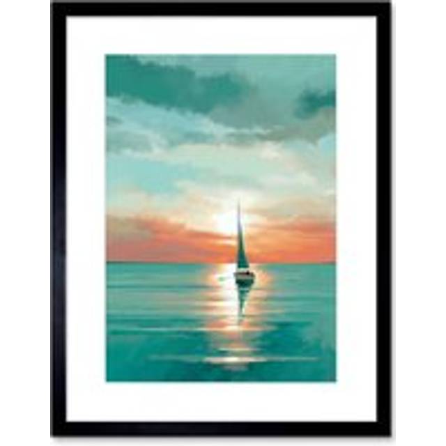 Wall Art Print A Sailboat Sailing on a Calm Sea at Sunrise Artwork Framed 9X7 Inch - Black - W7 inch x H9 inch