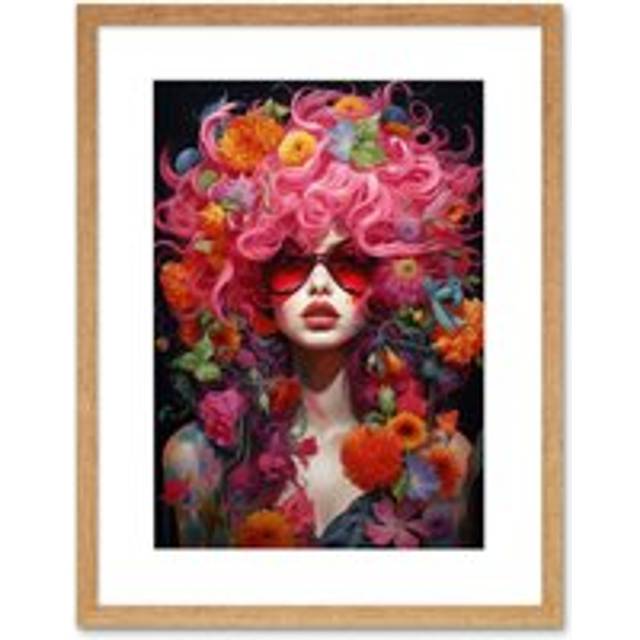 Wall Art Print Flowerpunk Woman with Pink Hair and Flowers Vibrant Artwork Orange Pink Blue on Black High Detail Portrait Artwork Framed 9X7 Inch - Be - Beige - W7 inch x H9 inch