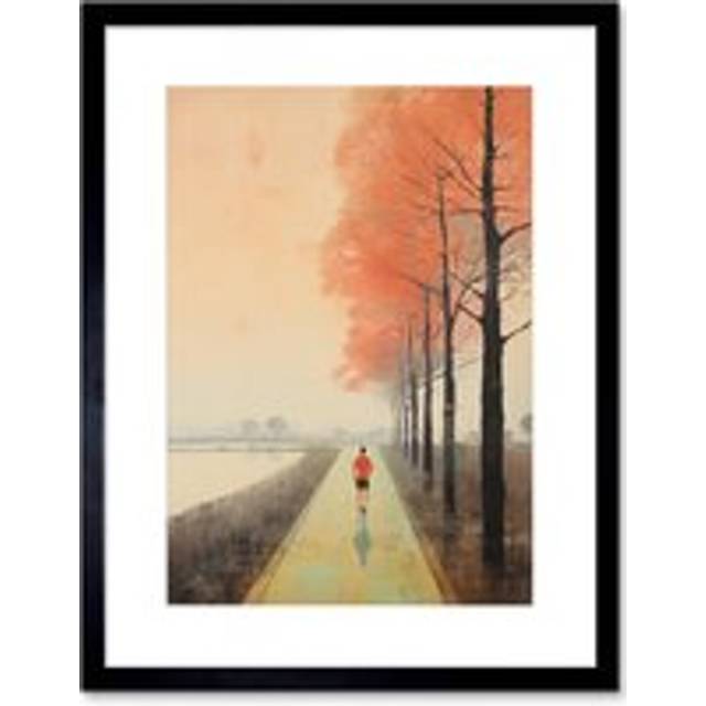 Wall Art Print Early Morning Jogging Pastel Colour Oil Painting Jogger on Lakeside Pink Tree Trail Countryside Landscape Artwork Framed 9X7 Inch - Bla - Black - W7 inch x H9 inch