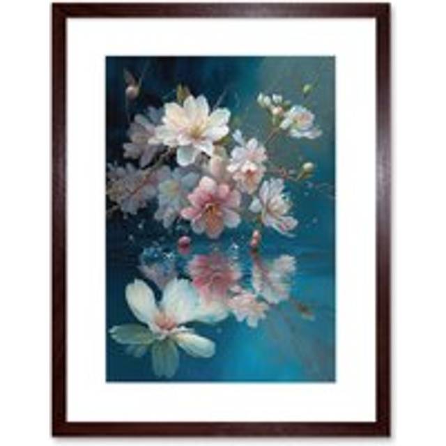 Wall Art Print Cherry Blossom Branch Dancing Over Water Modern Watercolour Painting Artwork Framed 9X7 Inch - Brown - W7 inch x H9 inch
