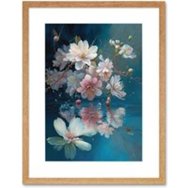 Wall Art Print Cherry Blossom Branch Dancing Over Water Modern Watercolour Painting Artwork Framed 9X7 Inch - Beige - W7 inch x H9 inch