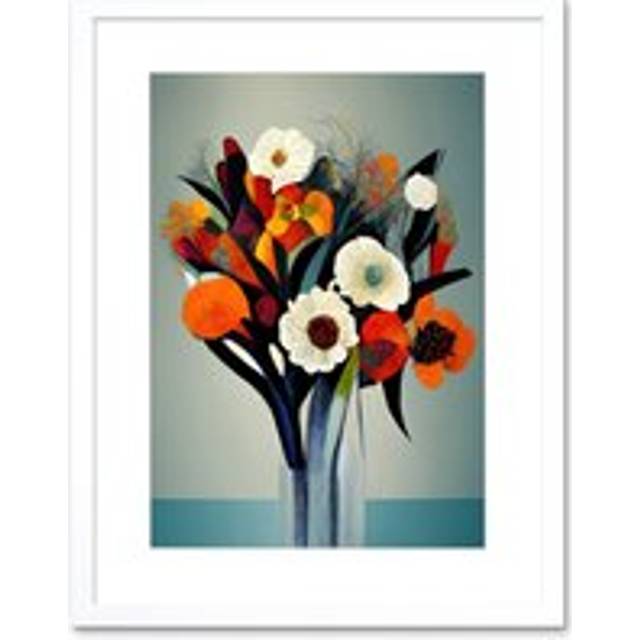 Wall Art Print Modern Abstract Winter Flower Floral Bouquet Orange Yellow Blue White Acrylic Paint Artwork Framed 9X7 Inch - W7 inch x H9 inch