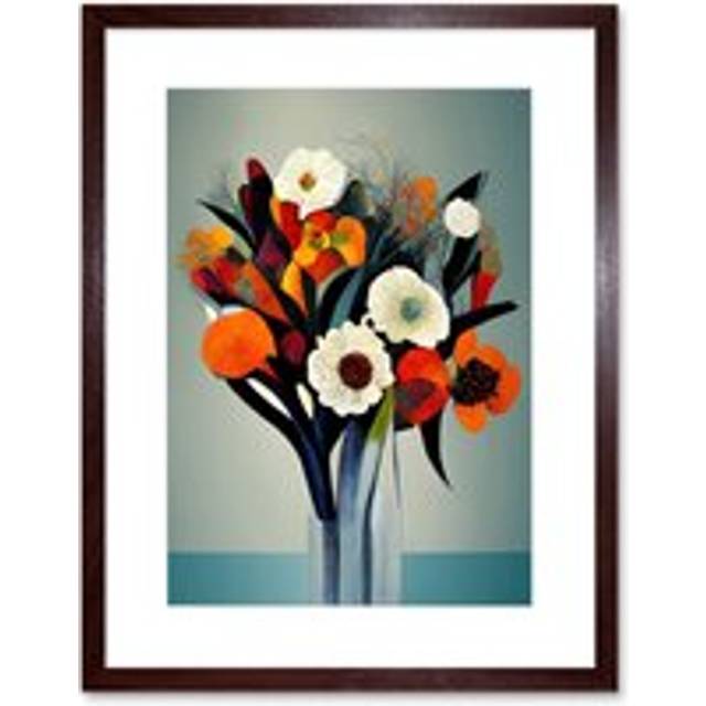 Wall Art Print Modern Abstract Winter Flower Floral Bouquet Orange Yellow Blue White Acrylic Paint Artwork Framed 9X7 Inch - Brown - W7 inch x H9 inch