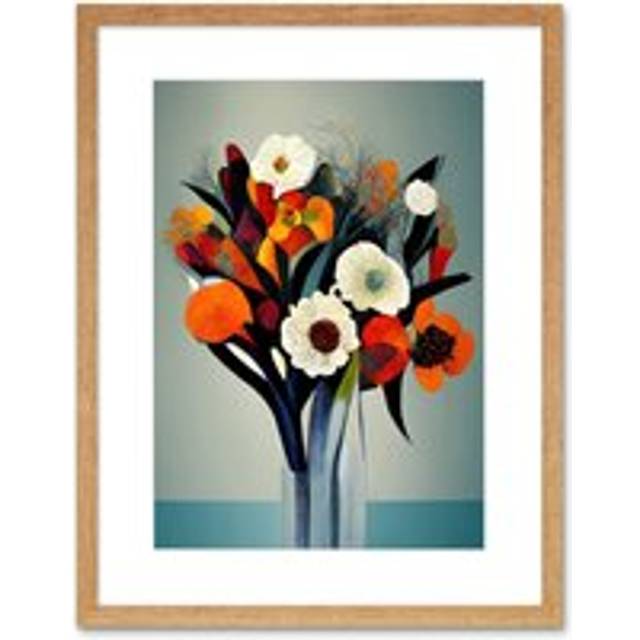 Wall Art Print Modern Abstract Winter Flower Floral Bouquet Orange Yellow Blue White Acrylic Paint Artwork Framed 9X7 Inch - Beige - W7 inch x H9 inch