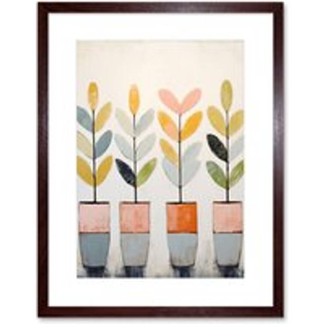 Wall Art Print Plant Pots Simple Pastel Colour Oil Painting Bright Pink Green Blue Boho Artwork Framed 9X7 Inch - Brown - W7 inch x H9 inch