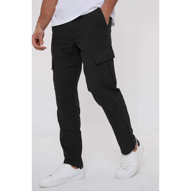 'Ramsay' Linen Blend Cargo Trousers - Black - 32R