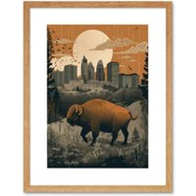 Wall Art Print Bison in Forest by Urban Cityscape Modern Landscape Artwork Framed 9X7 Inch - Beige - W7 inch x H9 inch