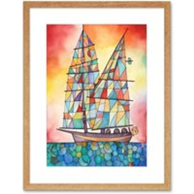 Wall Art Print Sailing Ship At Sunset Folk Artwork Framed 9X7 Inch - Beige - W7 inch x H9 inch
