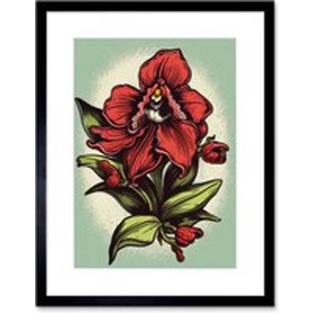 Wall Art Print Red Orchid Flower Old School USA Tattoo Ink Body Rockabilly Americana 50s Artwork Framed 9X7 Inch - Black - W7 inch x H9 inch