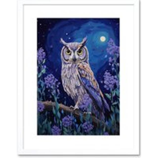 Wall Art Print Great Horned Owl in Lavender Field Oil Painting Blue Purple Full Moon Night in the Countryside Artwork Framed 9X7 Inch - White - W7 inch x H9 inch