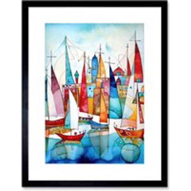 Wall Art Print Harbour Boats Abstract Folk Art Watercolour Painting Artwork Framed 9X7 Inch - Black - W7 inch x H9 inch