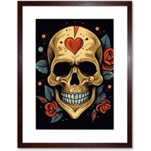 Wall Art Print Skull Heart and Roses Tattoo Ink Body Art Rockabilly Americana 50s Artwork Framed 9X7 Inch - Brown - W7 inch x H9 inch