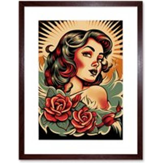 Wall Art Print Pin Up Girl Roses Retro Tattoo Ink Body Art Rockabilly Americana 50s Artwork Framed 9X7 Inch - Brown - W7 inch x H9 inch