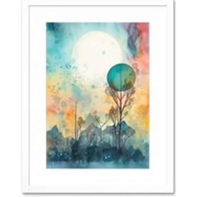 Wall Art Print Winter Forest Landscape Dreamland Partial Sun Eclipse and Snowfall over Trees Modern Watercolour Artwork Framed 9X7 Inch - White - W7 i - W7 inch x H9 inch