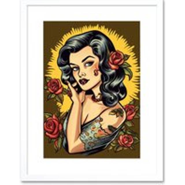 Wall Art Print Retro Tattoo Ink Body Art Pin Up Girl Roses Sun Rockabilly Americana 50s Artwork Framed 9X7 Inch - White - W7 inch x H9 inch