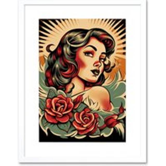 Wall Art Print Pin Up Girl Roses Retro Tattoo Ink Body Art Rockabilly Americana 50s Artwork Framed 9X7 Inch - White - W7 inch x H9 inch