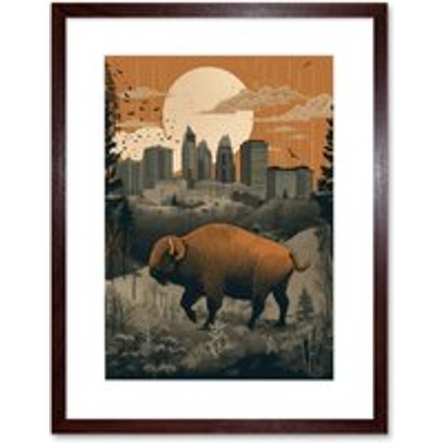 Wall Art Print Bison in Forest by Urban Cityscape Modern Landscape Artwork Framed 9X7 Inch - Brown - W7 inch x H9 inch