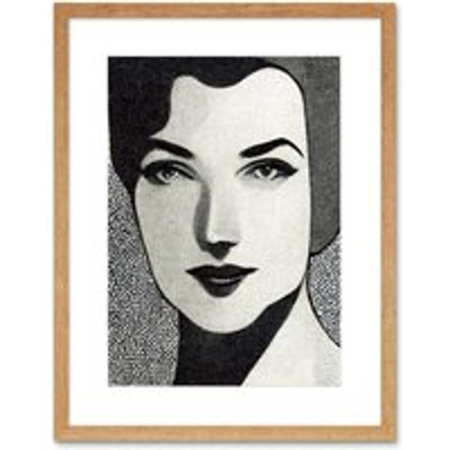 Wall Art Print Monochrome Art Deco Black and White Woman Portrait Charcoal Artwork Framed 9X7 Inch - Beige - W7 inch x H9 inch