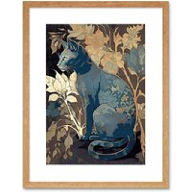 Wall Art Print Russian Blue Cat with Autumn Plants and Floral Pattern Fur Coat Modern Silkscreen Artwork Framed 9X7 Inch - Beige - W7 inch x H9 inch