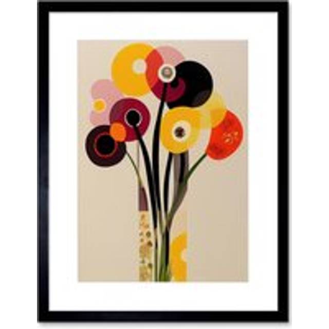 Wall Art Print Abstract Retro Spring Summer Flowers Floral Yellow Burgundy Orange Bouquet Vase Artwork Framed 9X7 Inch - Black - W7 inch x H9 inch