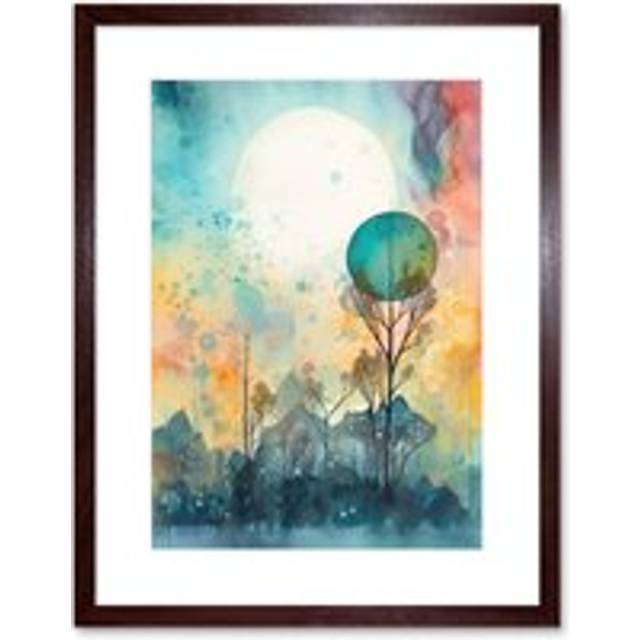 Wall Art Print Winter Forest Landscape Dreamland Partial Sun Eclipse and Snowfall over Trees Modern Watercolour Artwork Framed 9X7 Inch - Brown - W7 i - W7 inch x H9 inch