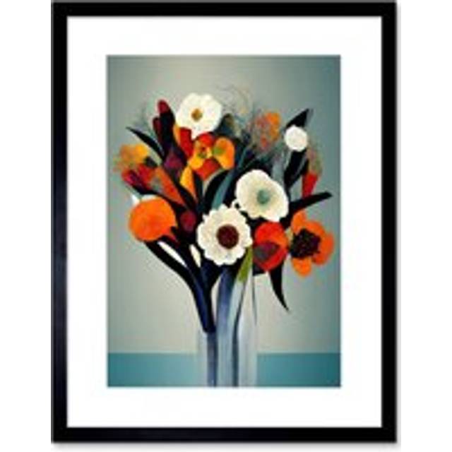 Wall Art Print Modern Abstract Winter Flower Floral Bouquet Orange Yellow Blue White Acrylic Paint Artwork Framed 9X7 Inch - Black - W7 inch x H9 inch