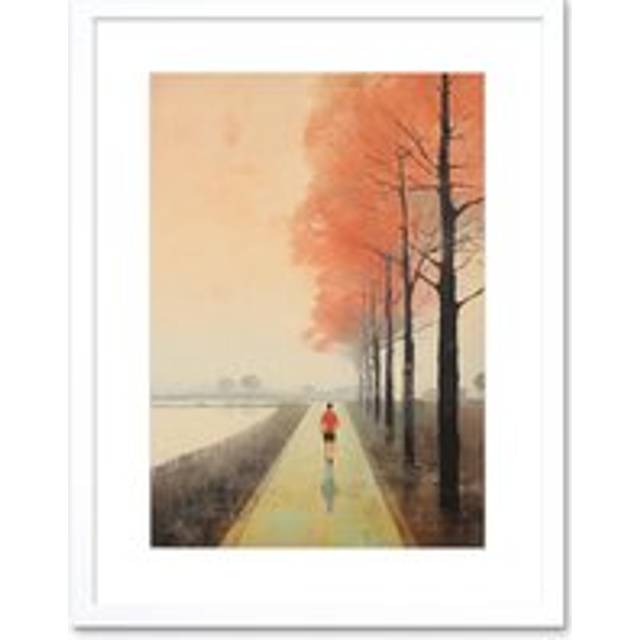 Wall Art Print Early Morning Jogging Pastel Colour Oil Painting Jogger on Lakeside Pink Tree Trail Countryside Landscape Artwork Framed 9X7 Inch - Whi - White - W7 inch x H9 inch