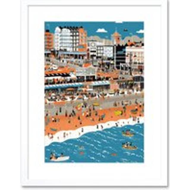 Wall Art Print Brighton Beach and Palace Pier Modern Abstract Artwork Framed 9X7 Inch - White - W7 inch x H9 inch
