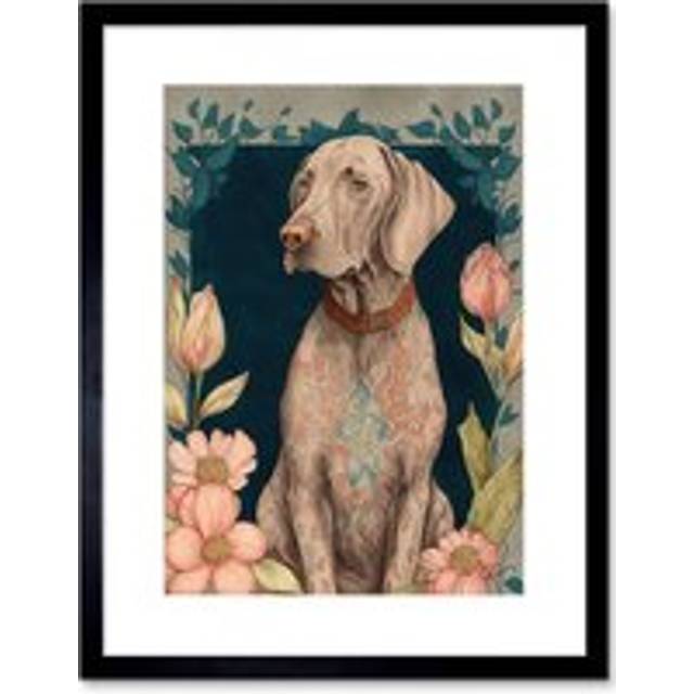 Wall Art Print Grey Weimaraner Dog with Ornate Pattern Fur Coat and Flowers Modern Art Nouveau Artwork Framed 9X7 Inch - Black - W7 inch x H9 inch