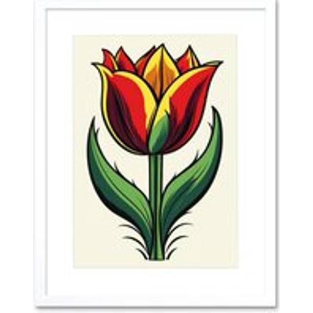 Wall Art Print Tulip Flower Old School USA Tattoo Ink Body Art Rockabilly Americana 50s Artwork Framed 9X7 Inch - White - W7 inch x H9 inch