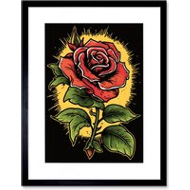 Wall Art Print A Single Rose Old School USA Tattoo Ink Body Art Rockabilly Americana 50s Artwork Framed 9X7 Inch - Black - W7 inch x H9 inch