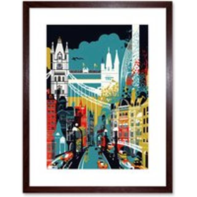 Wall Art Print London Iconic Landmarks Modern Abstract Cityscape Artwork Framed 9X7 Inch - Brown - W7 inch x H9 inch