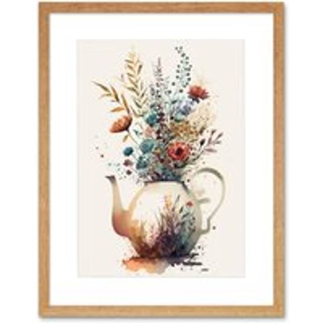 Wall Art Print Wildflower Bouquet Teapot Vase with Floral Design Artwork Framed 9X7 Inch - Beige - W7 inch x H9 inch
