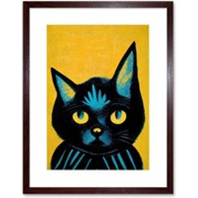 Wall Art Print Quirky Bold Black Cat Yellow Blue Artwork Framed 9X7 Inch - Brown - W7 inch x H9 inch