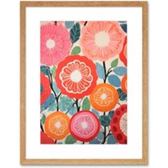 Wall Art Print Pomegranate Tree Flowers in Bloom Mediterranean Bright Floral Abstract Artwork Framed 9X7 Inch - Beige - W7 inch x H9 inch