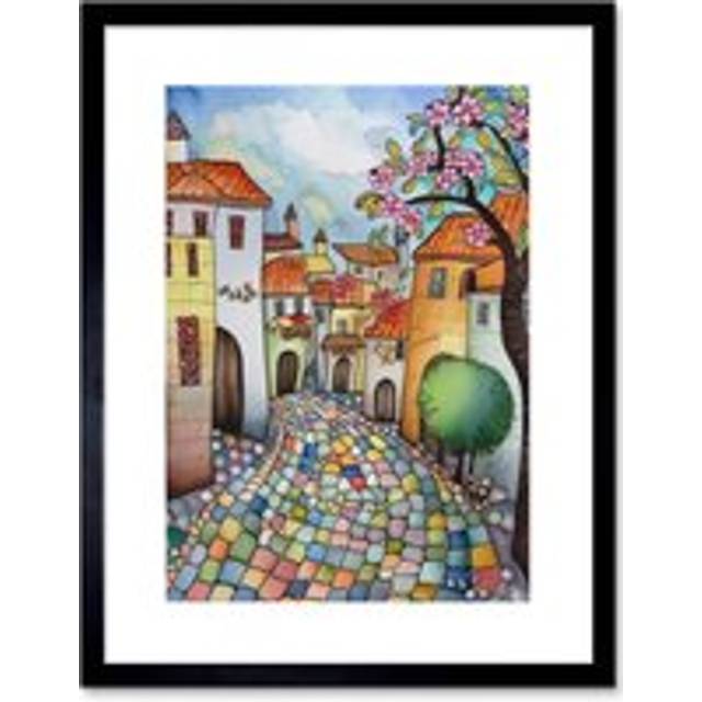 Wall Art Print Village Cobbled Street Cherry Blossom Folk Artwork Framed 9X7 Inch - Black - W7 inch x H9 inch