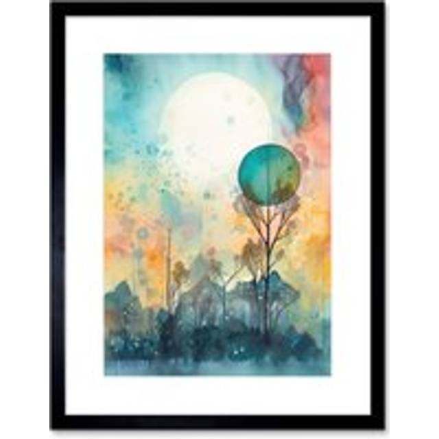 Wall Art Print Winter Forest Landscape Dreamland Partial Sun Eclipse and Snowfall over Trees Modern Watercolour Artwork Framed 9X7 Inch - Black - W7 i - W7 inch x H9 inch