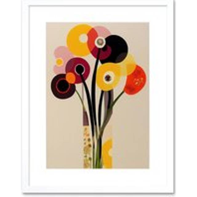 Wall Art Print Abstract Retro Spring Summer Flowers Floral Yellow Burgundy Orange Bouquet Vase Artwork Framed 9X7 Inch - White - W7 inch x H9 inch