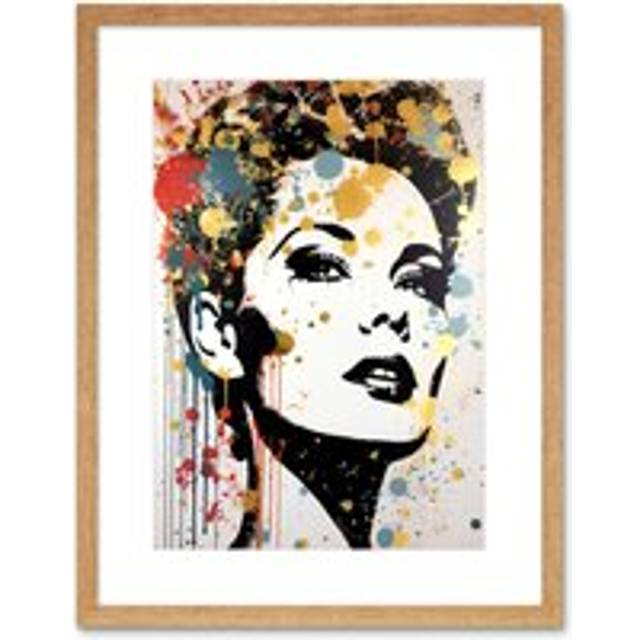 Wall Art Print High Contrast Female Retro Portrait Gold Red Yellow Splat Paint Teen Room Artwork Framed 9X7 Inch - Beige - W7 inch x H9 inch