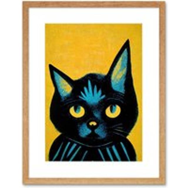 Wall Art Print Quirky Bold Black Cat Yellow Blue Artwork Framed 9X7 Inch - Beige - W7 inch x H9 inch